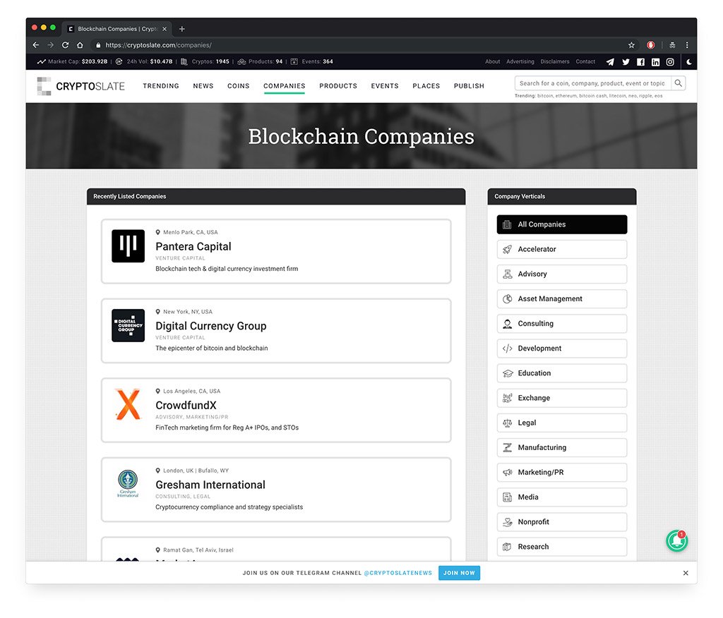 [ANN] CryptoSlate Company Directory  Organizing the Worlds Blockchain Company Information