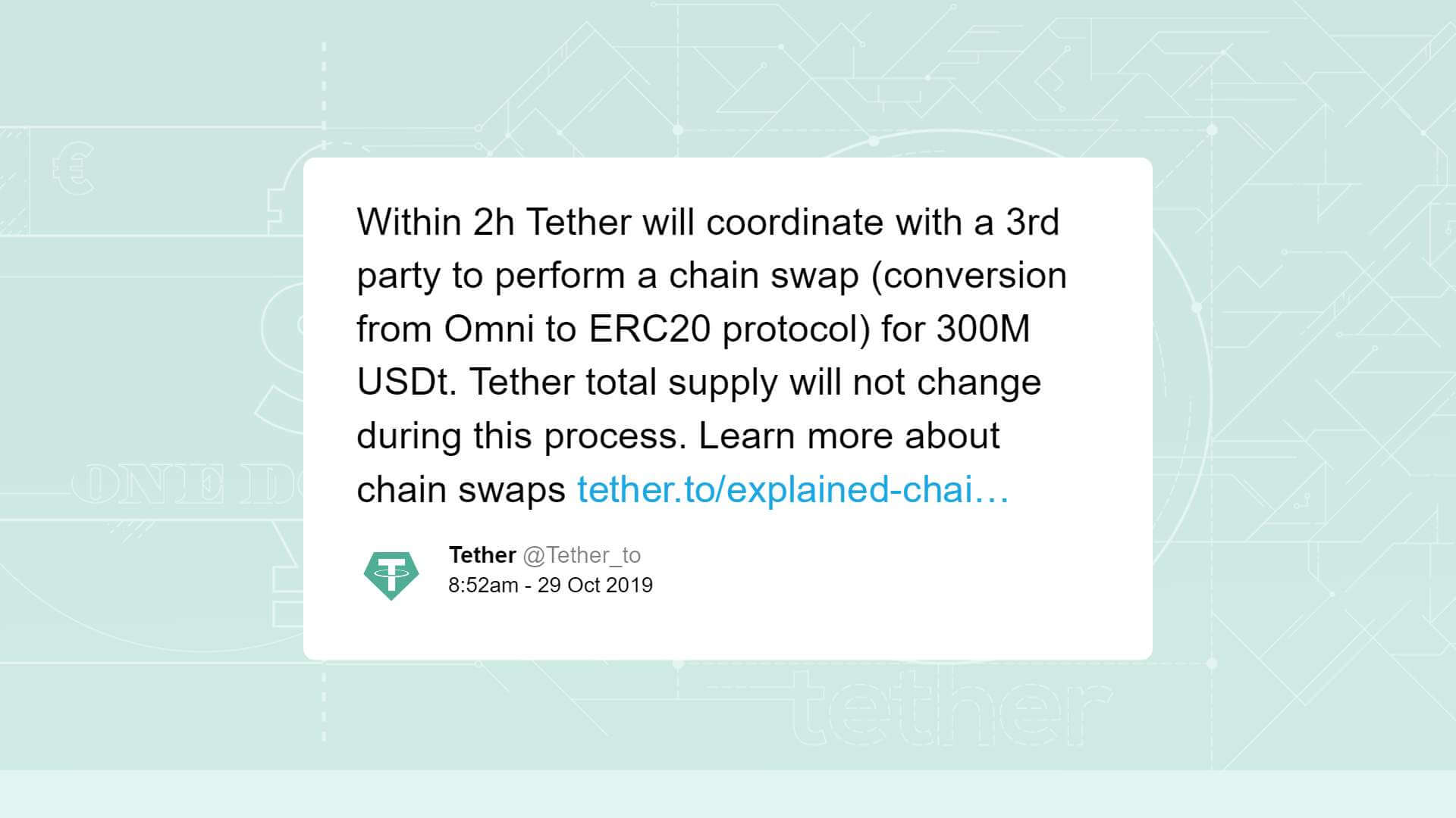 Tether conducted a 300M USDT chain swap from Omni to Ethereum