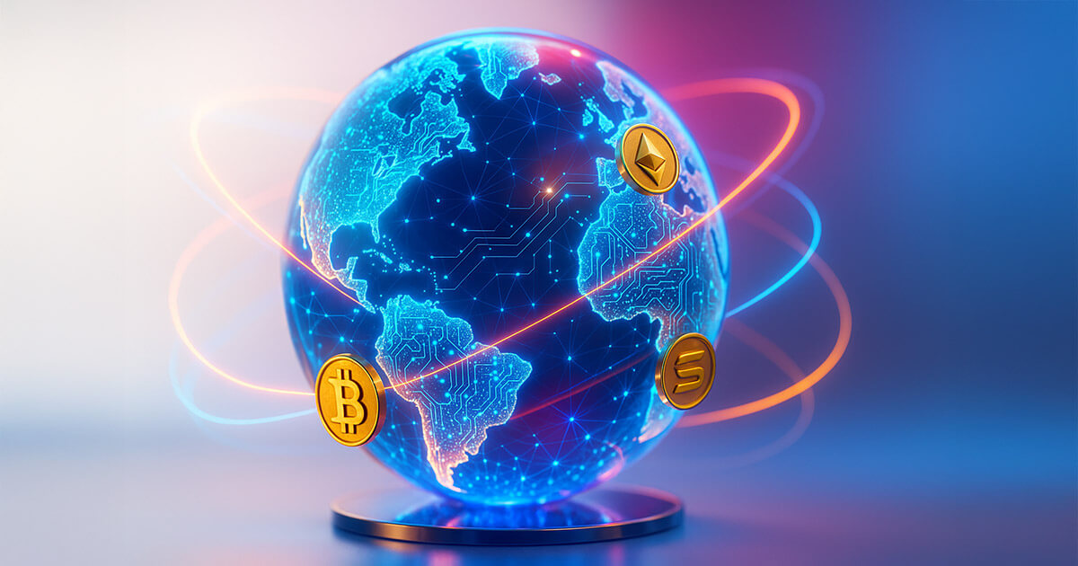 A luminous glass globe woven from glowing blockchain circuits with orbiting metallic Bitcoin, Ethereum, and Solana emblems over a reflective base, lit in vivid cyan, magenta, and gold under bright studio lighting.