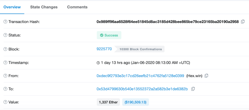 Transaction details about one of the 36 times 1,337 ETH was withdrawn from HEX address