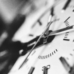 grayscale photography of clock