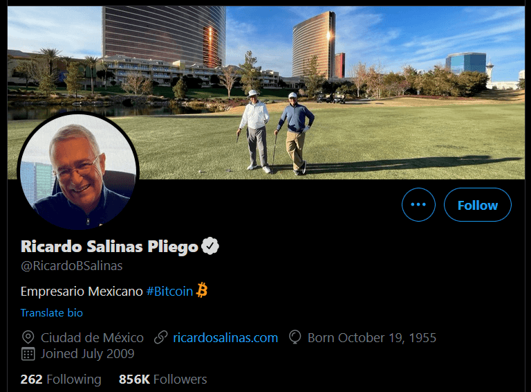 Pliego adds Bitcoin to Twitter profile