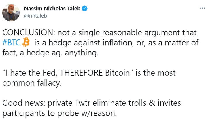 ‘BTC is not a hedge against anything,’ concludes ‘Black Swan’ author Nassim Taleb