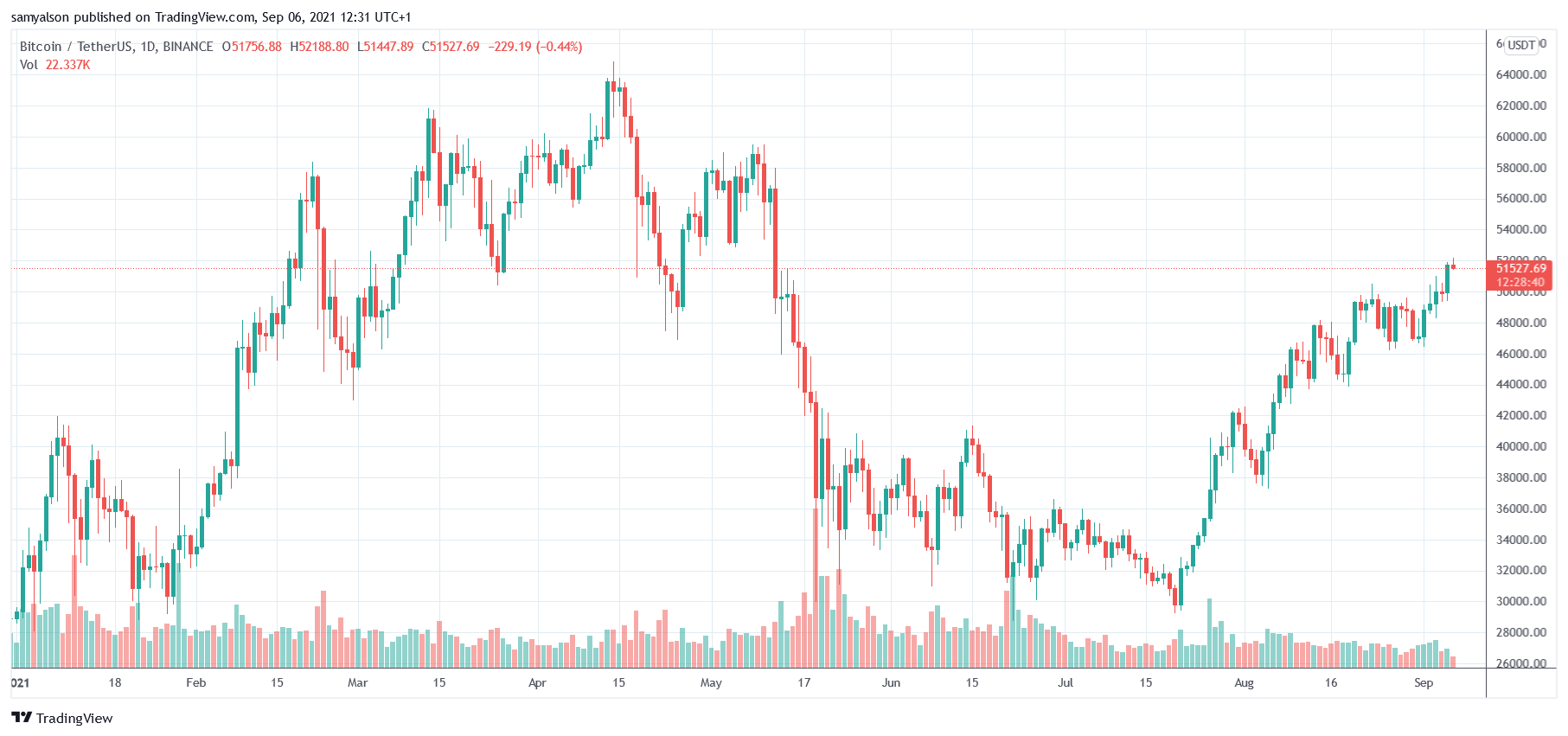 Bitcoin daily chart YTD with volume