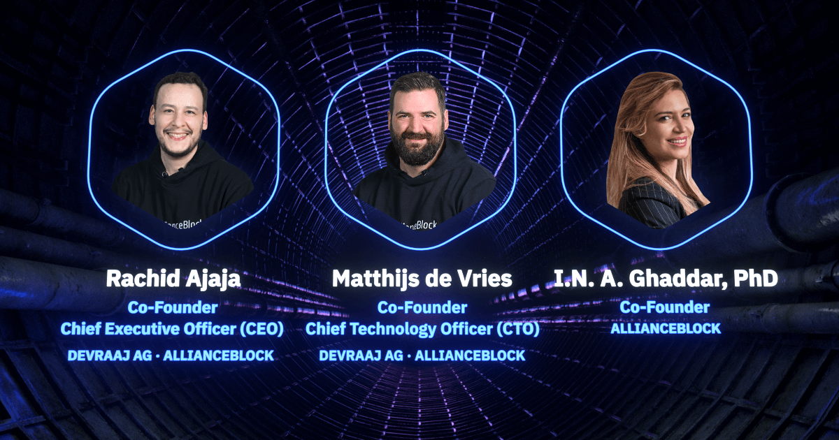 The three Co-Founders of AllianceBlock: Rachid Ajaja, Matthijs de Vries, and Amber Ghaddar