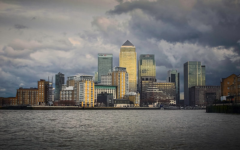 Canary Wharf, London, during a winter storm