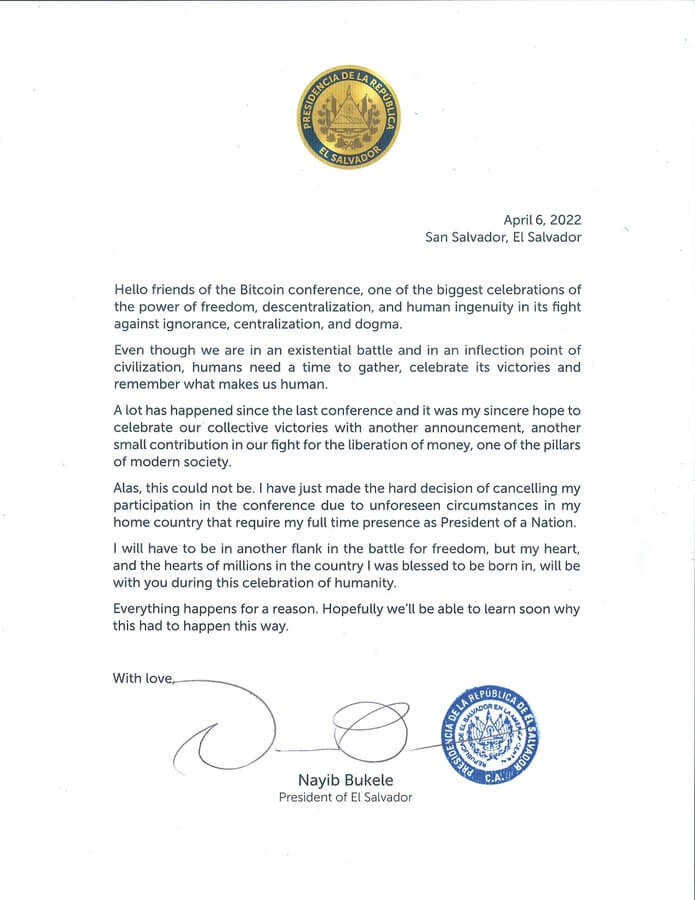 President Bukele's letter to Bitcoin Miami attendees
