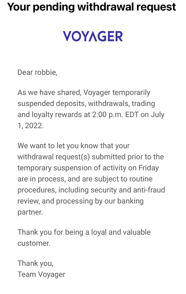 Voyager opens withdrawals for transactions submitted prior to suspending trading