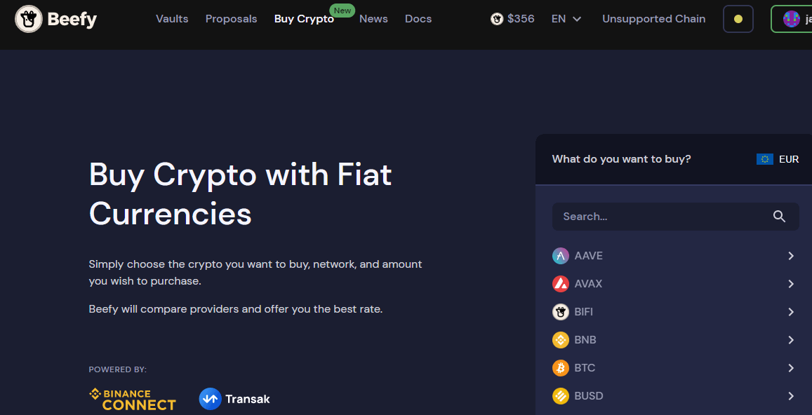 Beefy Finance Page for Buying Crypto