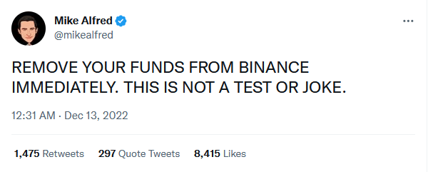 Mike Alfred warning about Binance