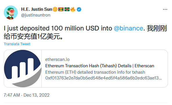 Justin Sun Deposits $100 Million on Binance