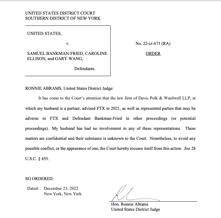 Court order by Judge Ronnie Abrams to decline SBF's criminal trial.