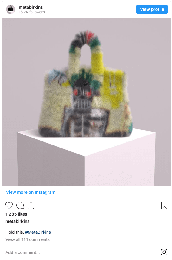 Mason Rothschild's MetaBirkin was promoted across social media, blogs and websites, in addition to OpenSea (Source: Instagram)