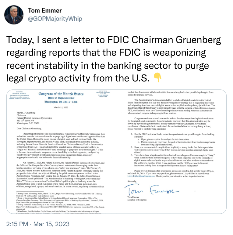 Alarm Crypto 1636008298481680384-1-copy Congressman Emmer attacks FDIC for 'weaponizing' bank closures to attack crypto  