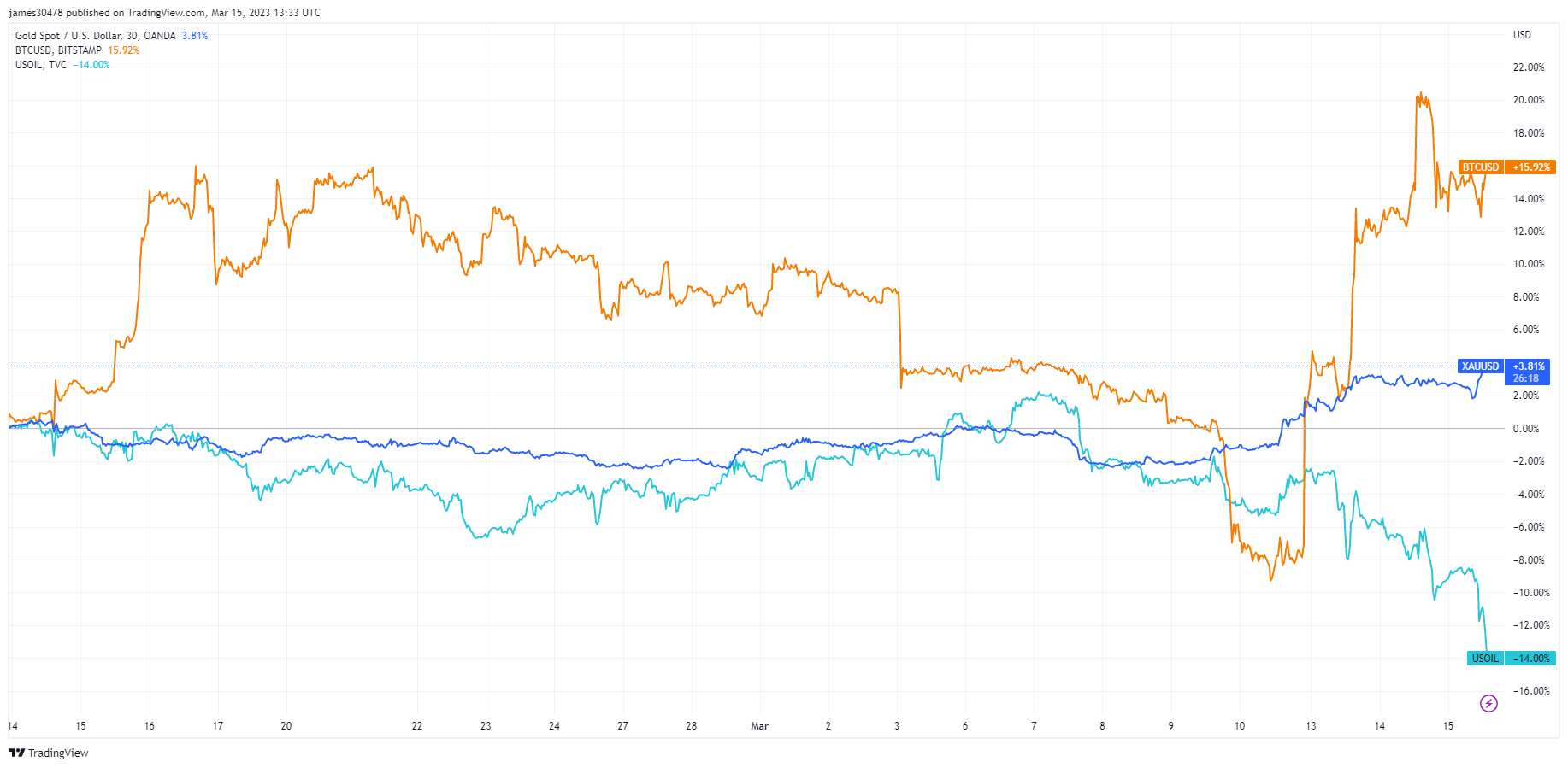 Gold, BTC, Oil: (Source: Trading View)