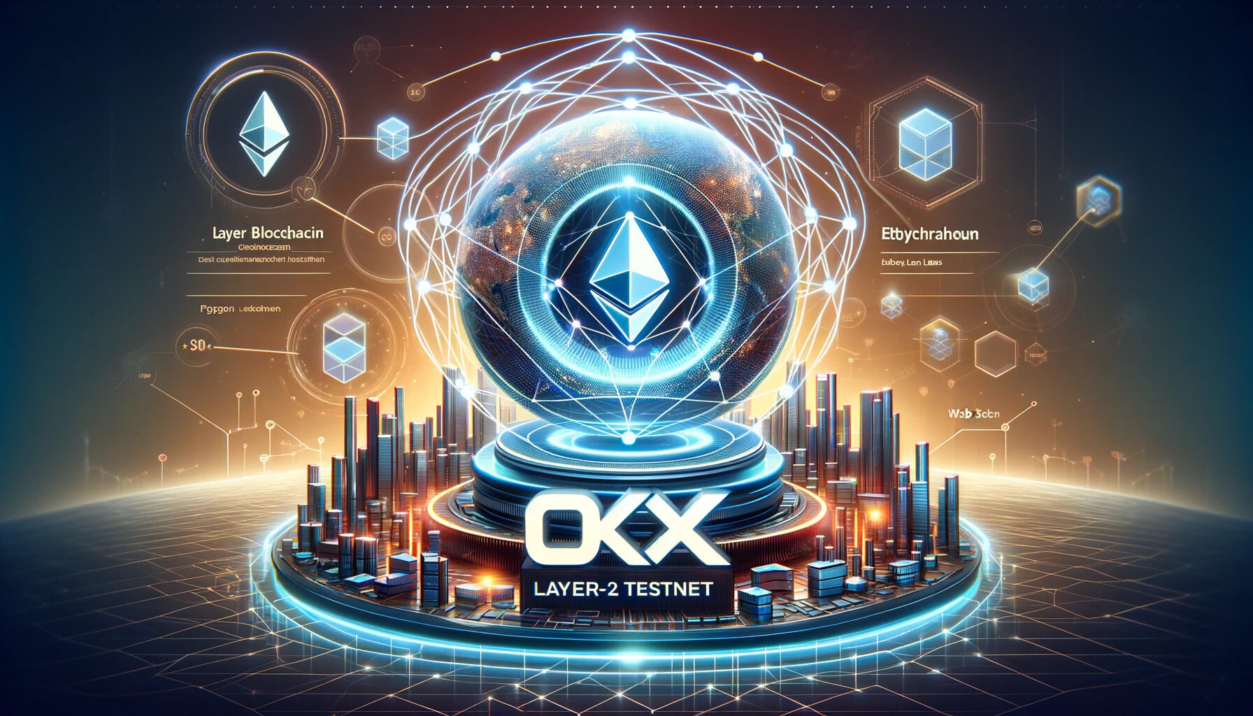 DALL%C2%B7E 2023 11 14 13.50.03 Create a compelling cover image for the collaboration between OKX and Polygon Labs on the X1 testnet. The design should emphasize the concept of a L