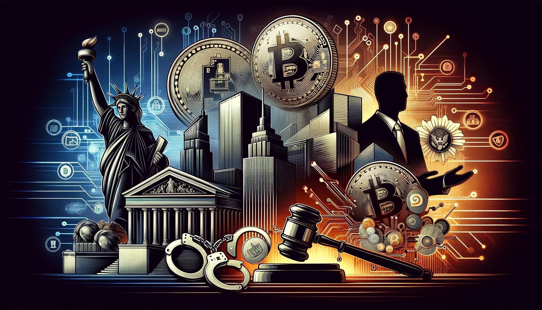 DALL%C2%B7E 2023 11 16 17.37.22 Design a news cover image for a story about the arrest of three individuals by the U.S. Attorneys Office and the FBI in a cryptocurrency fraud case.