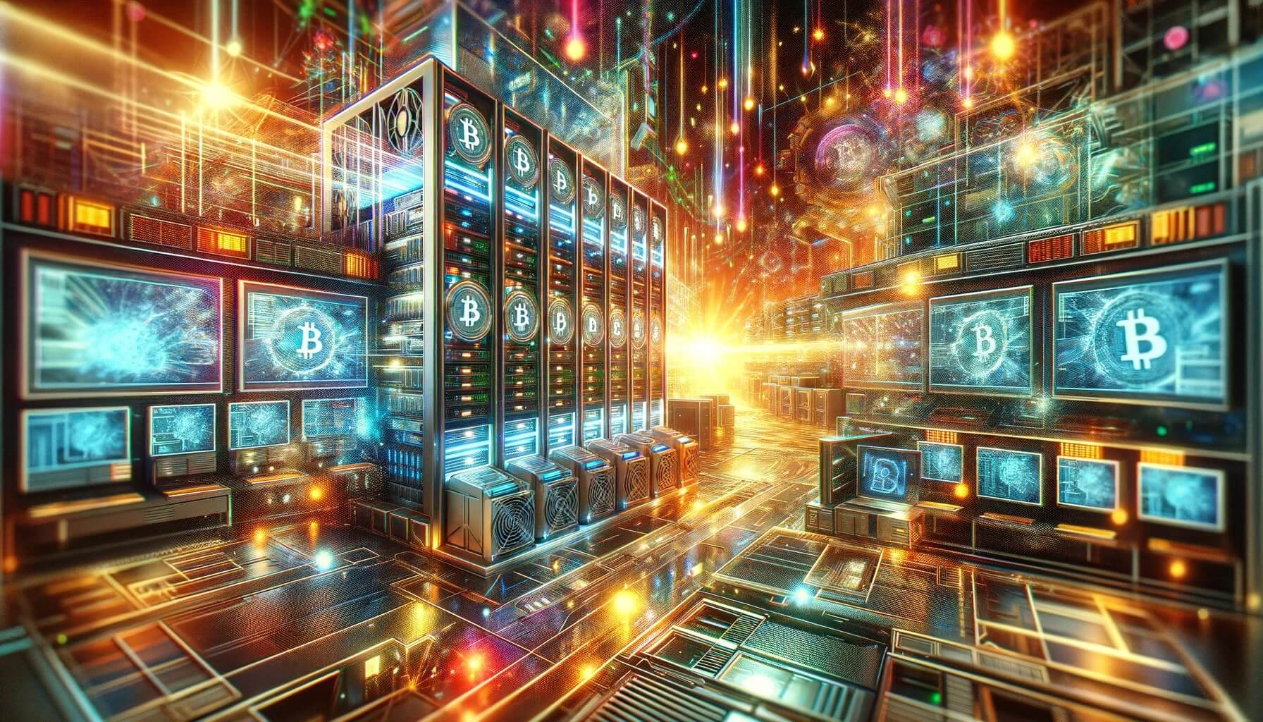 Dall%C2%B7E 2023 11 28 17.25.43 A Futuristic Dynamic And Vibrant Depiction Of A Decentralized Bitcoin Mining Rig For A Cover Image. The Scene Is Filled With Elaborate High Tech Com