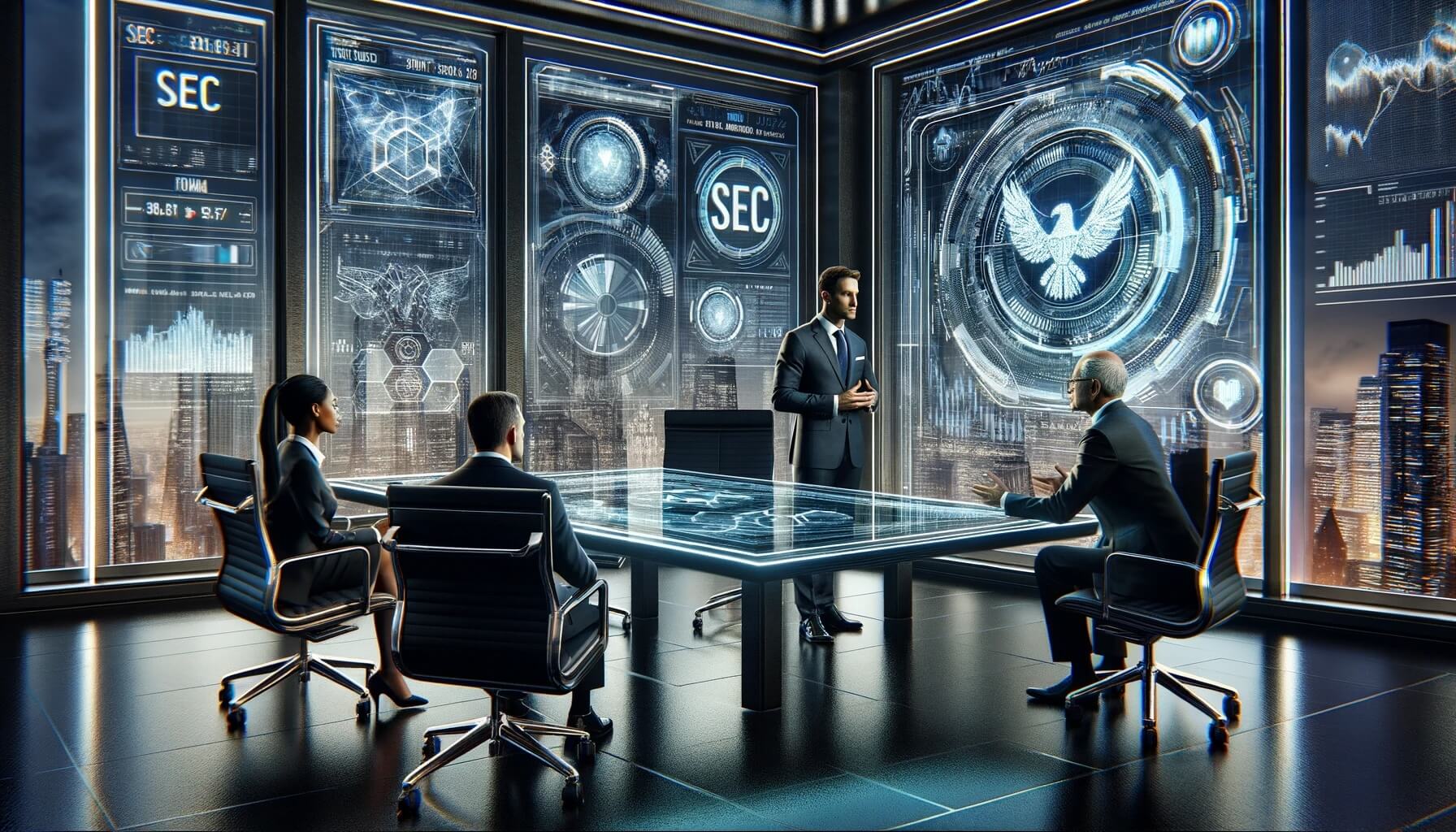 DALL%C2%B7E 2023 11 29 14.35.53 A futuristic meeting room with advanced technology depicting a major asset manager in discussion with SEC representatives. The room is sleek and mode