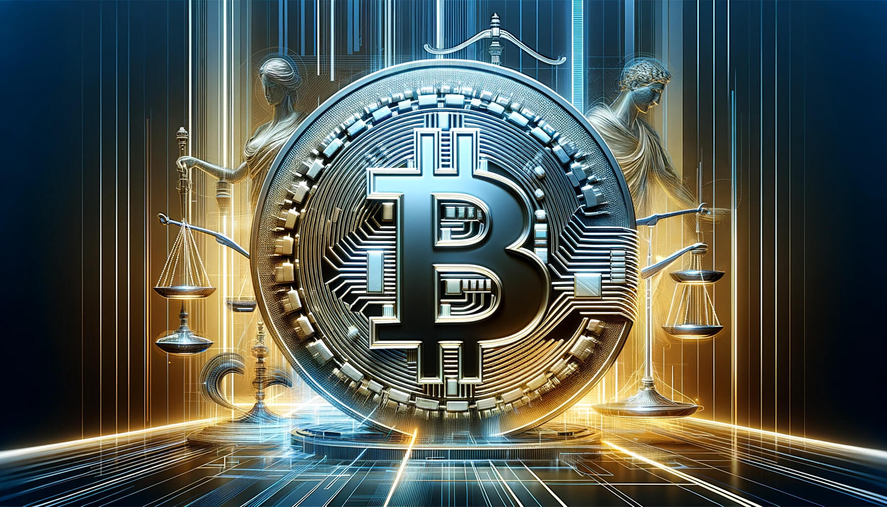 Dall%C2%B7E 2023 12 14 17.33.51 A Dynamic Futuristic Cover Image For A Tech Publication In Landscape Orientation Focusing On Bitcoin Etfs And Court Rulings. The Centerpiece Is A La