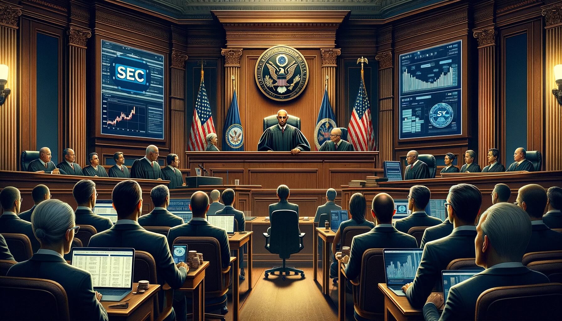 DALL%C2%B7E 2023 12 15 14.53.20 Create a landscape oriented hyperrealistic cover image of a U.S. courtroom scene focusing on a single judge overseeing a case involving the SEC and C