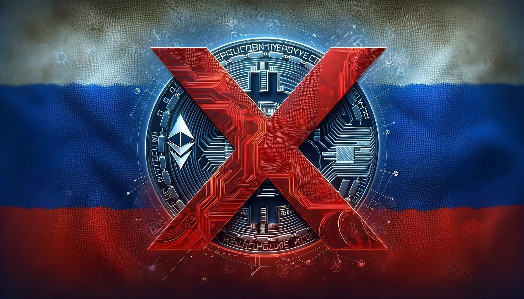 DALL%C2%B7E 2023 12 20 15.54.28 A large abstract red X symbol superimposed over a subtly depicted Russian flag with cryptocurrency symbols like Bitcoin and Ethereum artistically