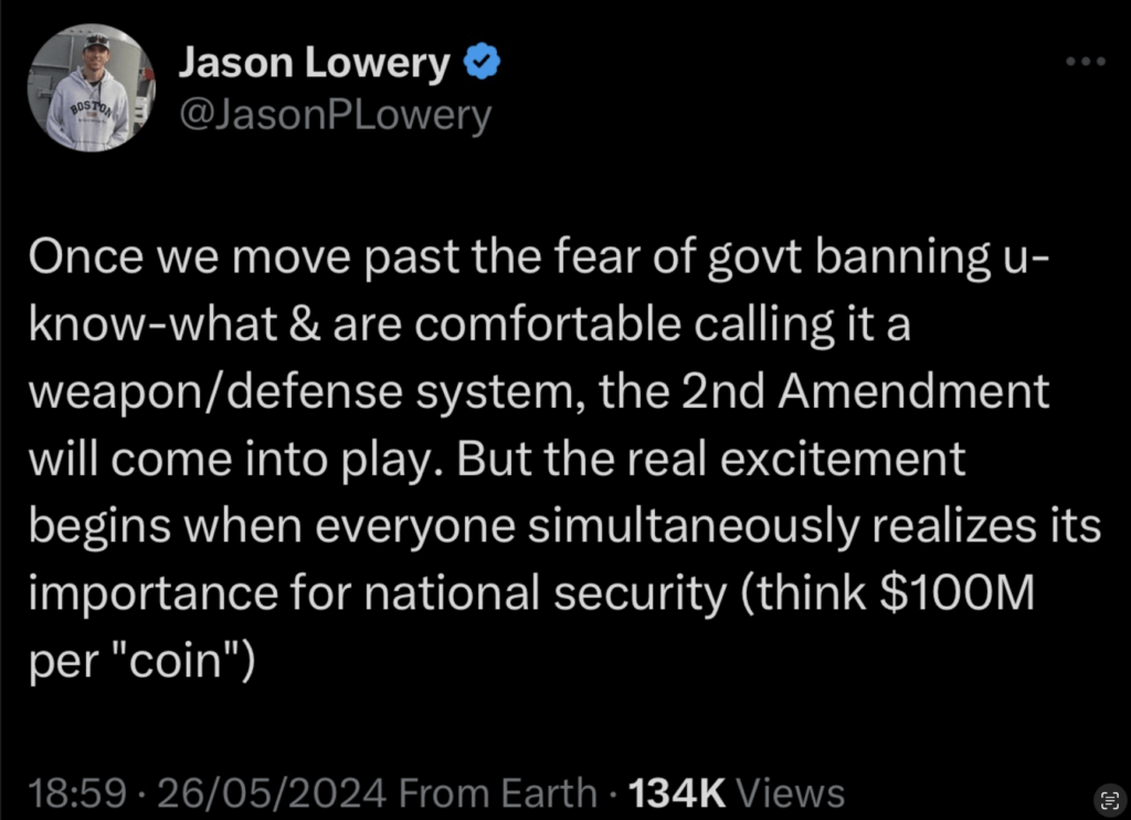 Jason Lowery posts on X about Bitcoin as a defense system