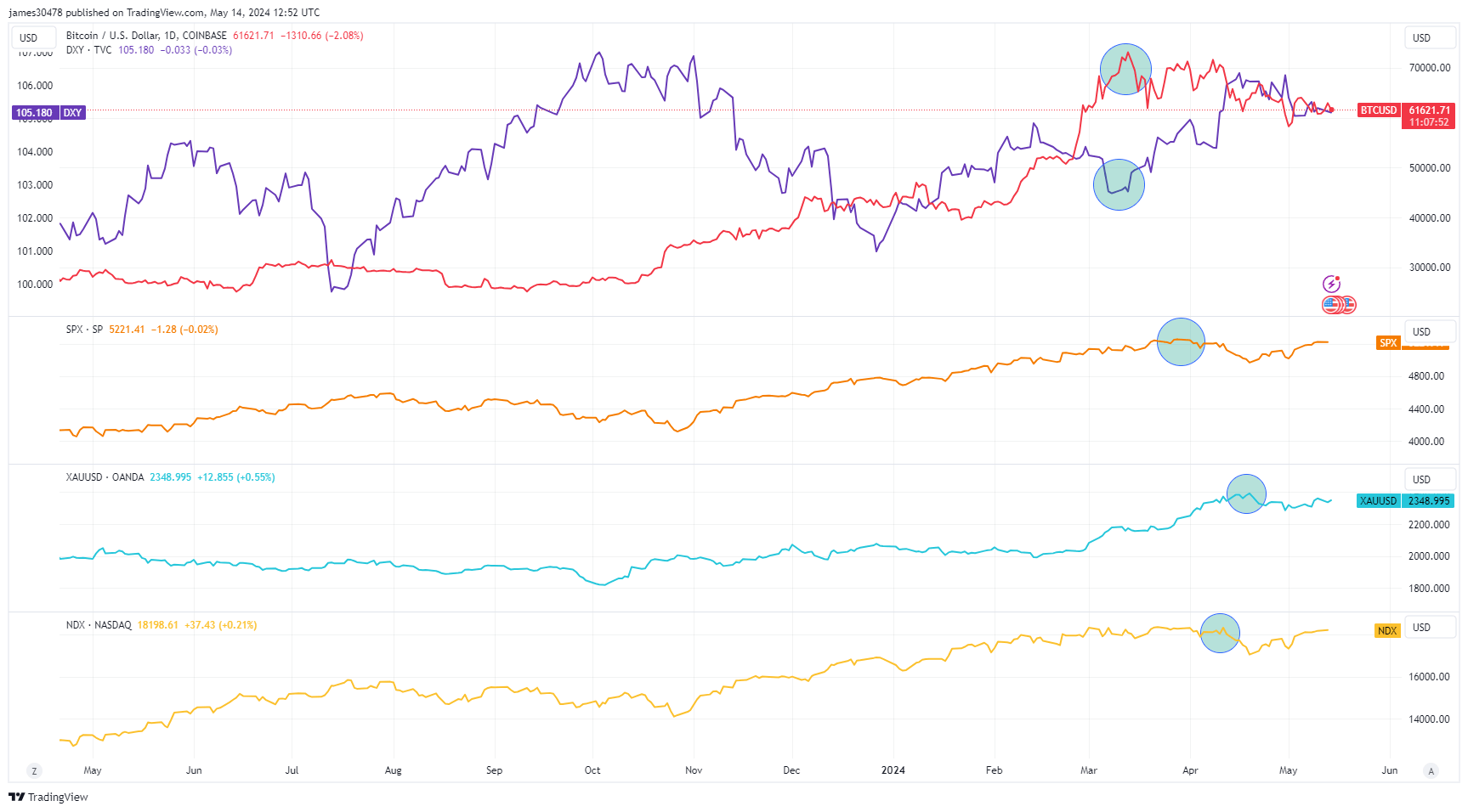 May 2023 - May 2024: BTCUSD, DXY, SPX, Nasdaq, Gold: (Source: TradingView)