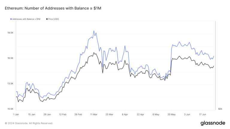 Volatile trend in Ethereum millionaire addresses highlights market dynamics in 2024