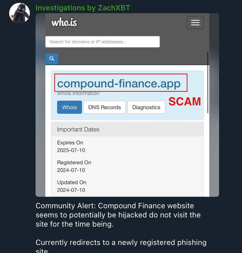 Compound Finance DNS attack (ZachXBT)