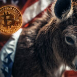 A donkey stands in front of the U.S. flag with a glowing Bitcoin symbol, symbolizing Democratic lawmakers unveiling a crypto market framework - Cover art/illustration via CryptoSlate