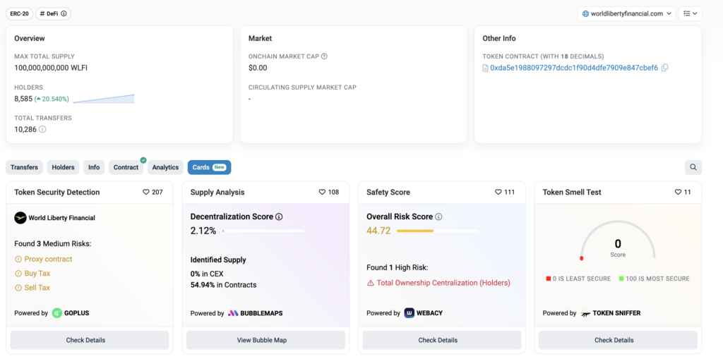 WLFI token status | Source: Etherscan