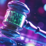 A digital gavel with glowing circuitry symbolizes Eliza Labs’ antitrust lawsuit against X over alleged AI agent monopolization - Cover art/illustration via CryptoSlate. Image includes combined content which may include AI-generated content