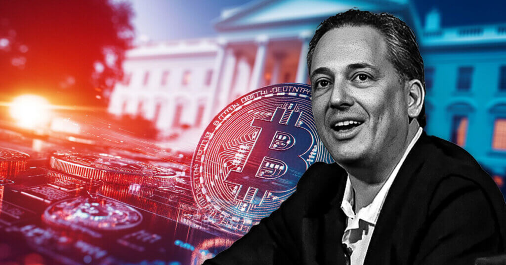 A Bitcoin symbol appears over U.S. government imagery with David Sacks highlighted, reflecting scrutiny of his role as White House crypto czar - Cover art/illustration via CryptoSlate. Article's Title: Elizabeth Warren raises ethics concerns over White House crypto czar David Sacks' tenure
