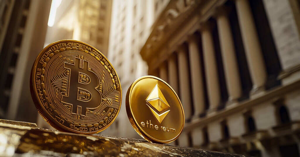Golden Bitcoin and Ethereum coins stand prominently in a financial district setting, symbolizing institutional interest in crypto - Cover art/illustration via CryptoSlate.
