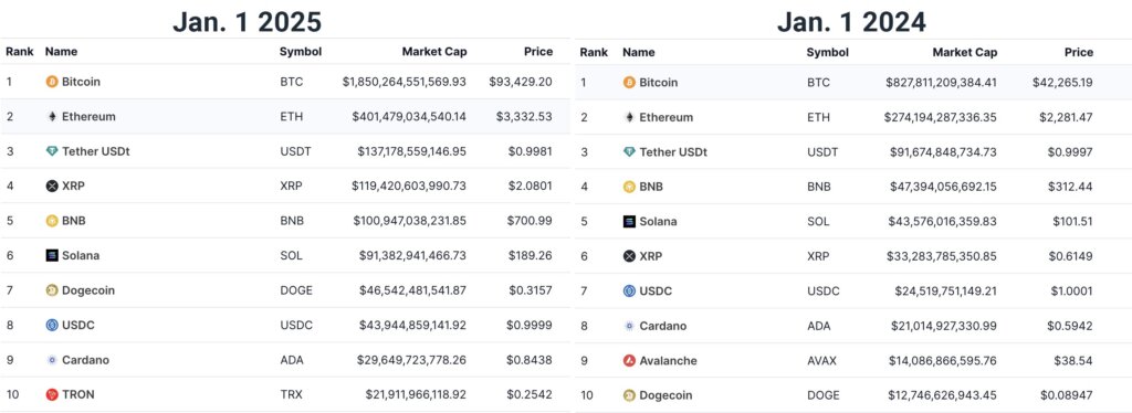 Top 10 Tokens/Cryptocurrencies of 2024 vs 2025 (Source: CoinMarketCap)