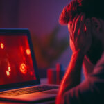 A man sits stressed in front of a laptop displaying red crypto market symbols, symbolizing heavy digital asset losses - Cover art/illustration via CryptoSlate. Image includes combined content which may include AI-generated content