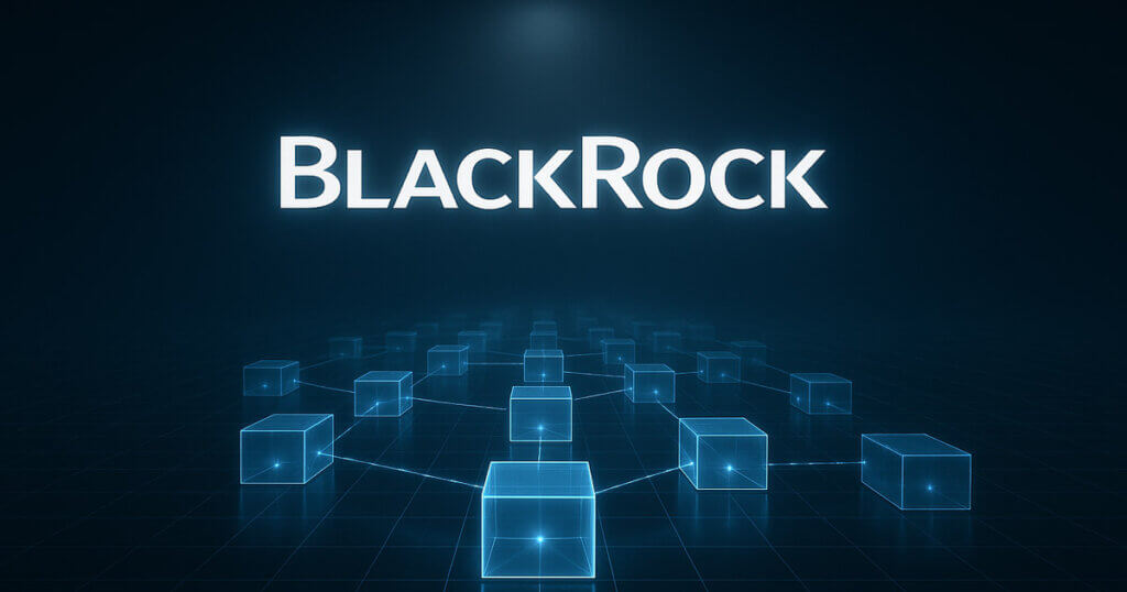 A digital illustration shows BlackRock’s name above a network of glowing blockchain cubes, symbolizing its move to tokenize ETF shares - Cover art/illustration via CryptoSlate.