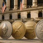 A row of large Bitcoin, Ethereum, XRP, Solana, and Cardano coins is displayed outside the New York Stock Exchange with U.S. flags - Cover art/illustration via CryptoSlate.