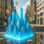 A digital city skyline made of glowing blue blocks is surrounded by tokenized coins, symbolizing the rise of real-world asset tokenization - Cover art/illustration via CryptoSlate. Image includes combined content which may include AI-generated content