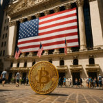 A large Bitcoin coin is displayed in front of the New York Stock Exchange, with the U.S. flag hanging across the building - Cover art/illustration via CryptoSlate.