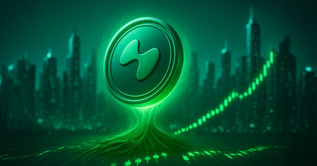 A glowing Hyperliquid token rises with trading charts, symbolizing its consistent outperformance of Nasdaq’s net income and Robinhood’s trading volume - Cover art/illustration via CryptoSlate.