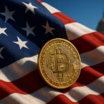 A Bitcoin coin is placed against the backdrop of the U.S. flag and Capitol building, symbolizing crypto firms targeting IPO valuations - Cover art/illustration via CryptoSlate.