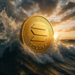 A large Solana coin rises from ocean waves at sunset, symbolizing expectations of new highs driven by institutional adoption - Cover art/illustration via CryptoSlate. Image includes combined content which may include AI-generated content