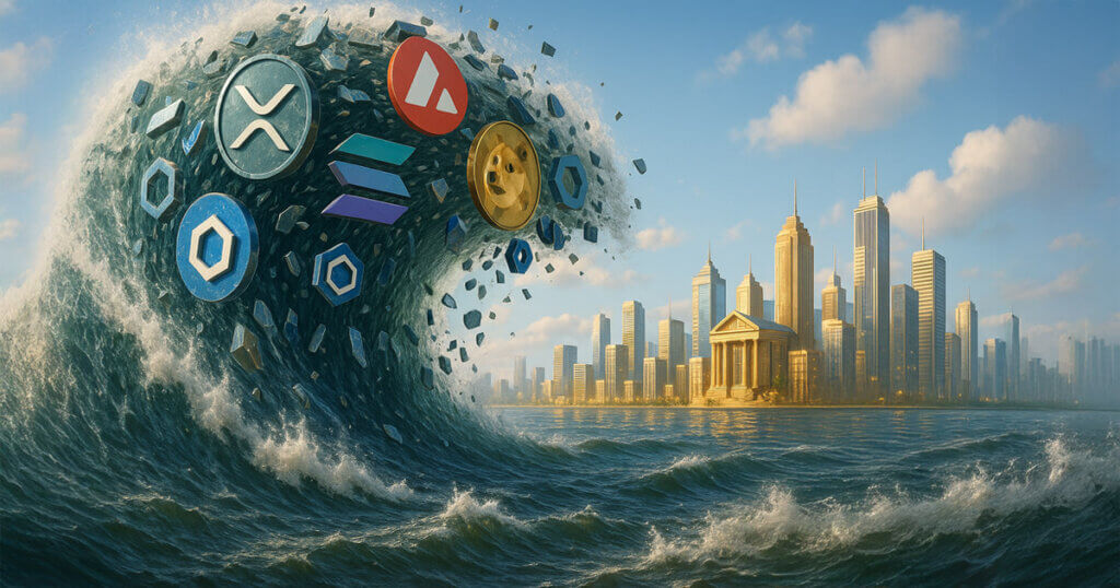 A massive wave of altcoin logos, including XRP, Solana, Chainlink, Avalanche, and Dogecoin, approaches a city skyline with financial buildings - Cover art/illustration via CryptoSlate.