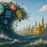 A massive wave of altcoin logos, including XRP, Solana, Chainlink, Avalanche, and Dogecoin, approaches a city skyline with financial buildings - Cover art/illustration via CryptoSlate.