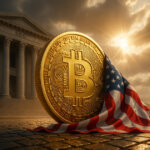 A large Bitcoin coin wrapped in the American flag is placed before a government building, symbolizing U.S. Bitcoin mining regulation and market entry - Cover art/illustration via CryptoSlate. Image includes combined content which may include AI-generated content