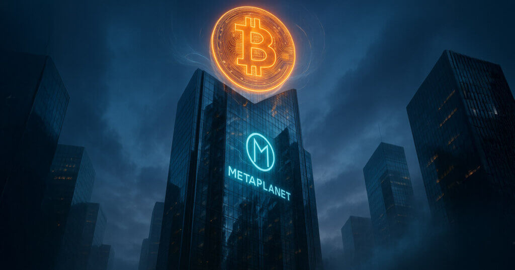 A glowing Bitcoin symbol hovers above a Metaplanet skyscraper, representing the firm’s milestone of 20,000 BTC holdings - Cover art/illustration via CryptoSlate.