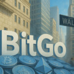 A digital illustration shows the BitGo logo alongside Bitcoin and Ethereum symbols set against Wall Street, symbolizing its IPO filing and $3 billion 2024 revenue - Cover art/illustration via CryptoSlate.