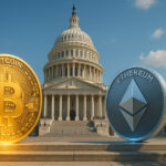 A large Bitcoin and Ethereum coin are displayed in front of the U.S. Capitol, symbolizing political debate over crypto market regulation - Cover art/illustration via CryptoSlate.